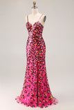Fuchsia Leopard Mermaid Sequins Spaghetti Straps Long Prom Dress With Slit