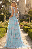 Blue Pink Flower A Line Ruffled Tiered Chiffon Long Prom Dress with Slit
