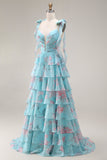 Blue Pink Flower A Line Ruffled Tiered Chiffon Long Prom Dress with Slit