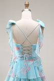 Blue Pink Flower A Line Ruffled Tiered Chiffon Long Prom Dress with Slit