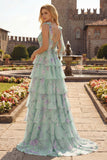 Blue Pink Flower A Line Ruffled Tiered Chiffon Long Prom Dress with Slit