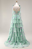 Blue Pink Flower A Line Ruffled Tiered Chiffon Long Prom Dress with Slit