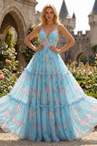 Blue Pink Flower A Line Ruffled Corset Spaghetti Straps Chiffon Long Prom Dress