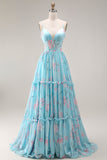 Blue Pink Flower A Line Ruffled Corset Spaghetti Straps Chiffon Long Prom Dress