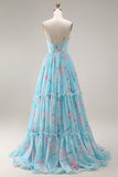 Blue Pink Flower A Line Ruffled Corset Spaghetti Straps Chiffon Long Prom Dress