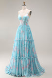 Blue Pink Flower A Line Ruffled Corset Spaghetti Straps Chiffon Long Prom Dress