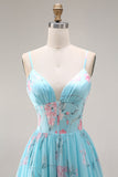 Blue Pink Flower A Line Ruffled Corset Spaghetti Straps Chiffon Long Prom Dress