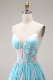 Blue Pink Flower A Line Ruffled Corset Spaghetti Straps Chiffon Long Prom Dress