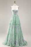 Blue Pink Flower A Line Ruffled Corset Spaghetti Straps Chiffon Long Prom Dress