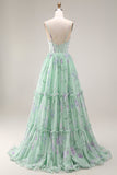 Blue Pink Flower A Line Ruffled Corset Spaghetti Straps Chiffon Long Prom Dress