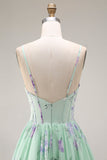 Blue Pink Flower A Line Ruffled Corset Spaghetti Straps Chiffon Long Prom Dress