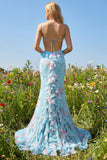 Blue Pink Flower Mermaid Spaghetti Straps Long Prom Dress