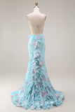 Blue Pink Flower Mermaid Spaghetti Straps Long Prom Dress