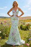 Blue Pink Flower Mermaid Spaghetti Straps Long Prom Dress