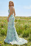 Blue Pink Flower Mermaid Spaghetti Straps Long Prom Dress