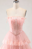 Blush Strapless Tiered Ruffle A Line Sequins Corset Long Prom Dress with Slit