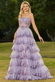 Strapless Tiered Ruffle A Line Blush Corset Sequin Long Prom Dress with Slit