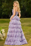 Strapless Tiered Ruffle A Line Blush Corset Sequin Long Prom Dress with Slit