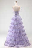 Lilac Strapless A Line Sequins Corset Tiered Ruffle Long Prom Dress with Slit