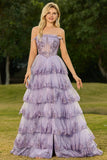 Lilac A Line Strapless Sequin Corset Tiered Ruffle Long Prom Dress with Slit