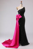 Sparkly One Shoulder Black Mermaid Sequin Long Prom Dress with Bow