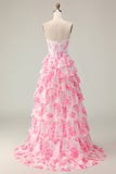 White Pink Flower A Line Sweetheart Tiered Corset Sequin Long Prom Dress with Slit