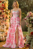 White Pink Flower A Line Sweetheart Tiered Corset Sequin Long Prom Dress with Slit