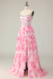 White Pink Flower A Line Sweetheart Sequins Tiered Corset Long Prom Dress with Slit