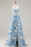 White Blue Floral Strapless A Line Corset Tiered Ruffle Long Prom Dress with Slit