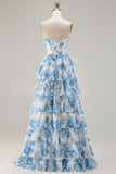 White Blue Floral Strapless A Line Corset Tiered Ruffle Long Prom Dress with Slit