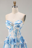 White Blue Floral Strapless A Line Corset Tiered Ruffle Long Prom Dress with Slit