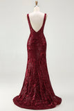 Sparkly Burgundy Mermaid Sequin V Neck Long Prom Dress with Slit