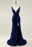Sparkly Navy Mermaid V Neck Open Back Sequin Long Prom Dress with Slit