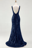 Sparkly Navy Mermaid Sequin V Neck Open Back Long Prom Dress with Slit