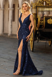 Sparkly Navy Mermaid V Neck Open Back Sequin Long Prom Dress with Slit