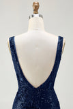 Sparkly Navy Mermaid Sequin V Neck Open Back Long Prom Dress with Slit