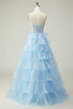 Princess Blue Sweetheart Corset Tiered Sequins Long Prom Dress with Lace Up Back