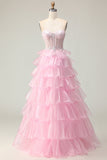 Princess Pink Sweetheart Corset Tiered Sequins Long Prom Dress with Lace Up Back