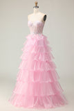 Princess Pink Sweetheart Corset Tiered Sequins Long Prom Dress with Lace Up Back