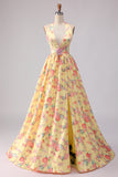 Yellow Pink Floral Deep V Neck A Line Open Back Long Prom Dress with Slit