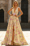 Yellow Pink Flowers A Line Deep V Neck Long Prom Dress with Slit