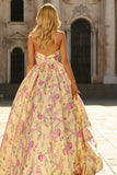 Yellow Pink Flowers A Line Deep V Neck Long Prom Dress with Slit