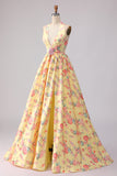Yellow Pink Floral Deep V Neck A Line Open Back Long Prom Dress with Slit