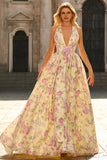 Yellow Pink Flowers A Line Deep V Neck Long Prom Dress with Slit