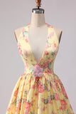 Yellow Pink Floral Deep V Neck A Line Open Back Long Prom Dress with Slit