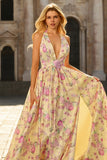 Yellow Pink Flowers A Line Deep V Neck Long Prom Dress with Slit