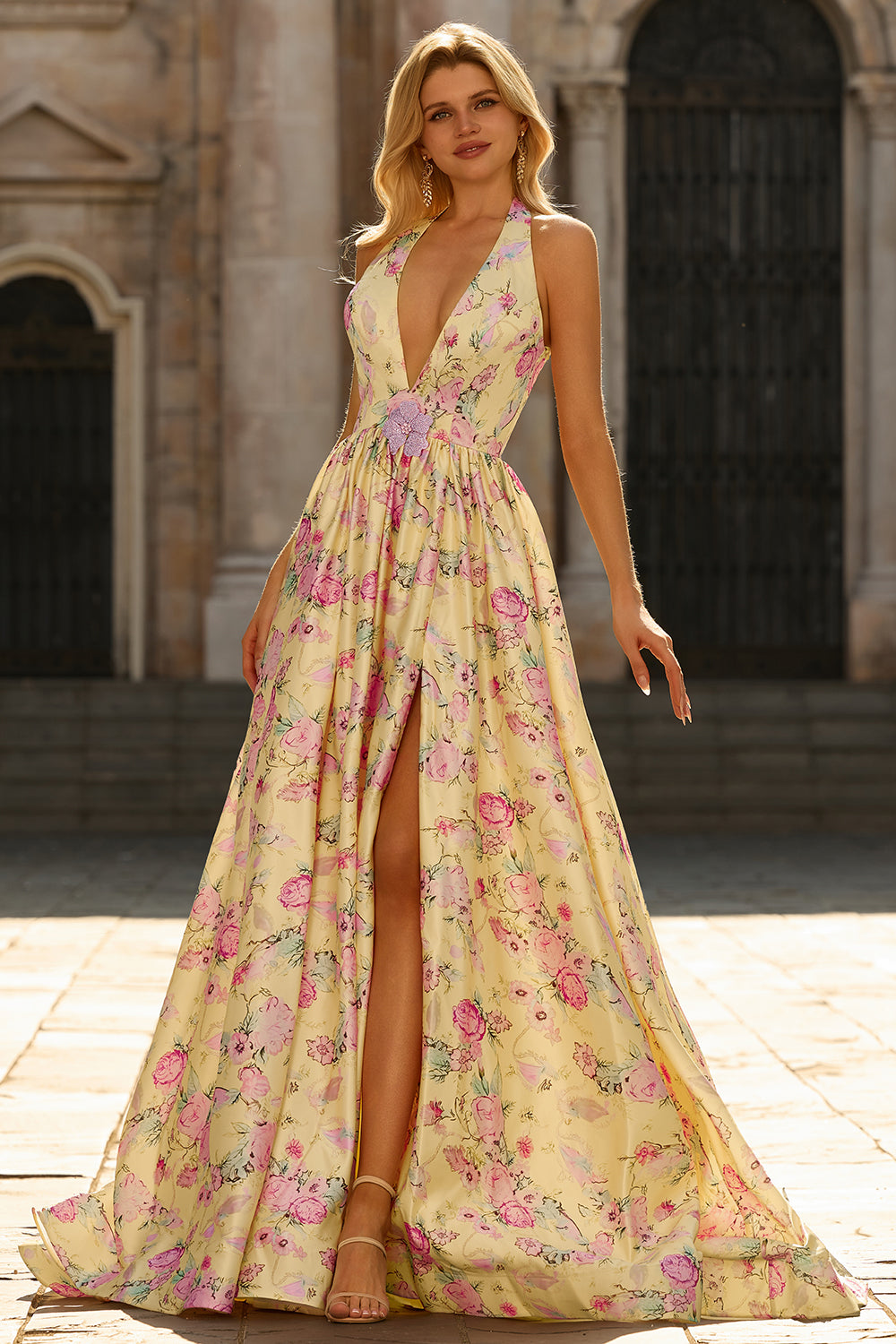 Yellow Pink Flowers A Line Deep V Neck Long Prom Dress with Slit Yellow Pink Flowers A Line Deep V Neck Long Prom Dress with Slit