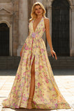 Yellow Pink Flowers A Line Deep V Neck Long Prom Dress with Slit