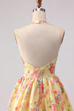 Yellow Pink Floral Deep V Neck A Line Open Back Long Prom Dress with Slit