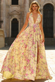 Yellow Pink Flowers A Line Deep V Neck Long Prom Dress with Slit